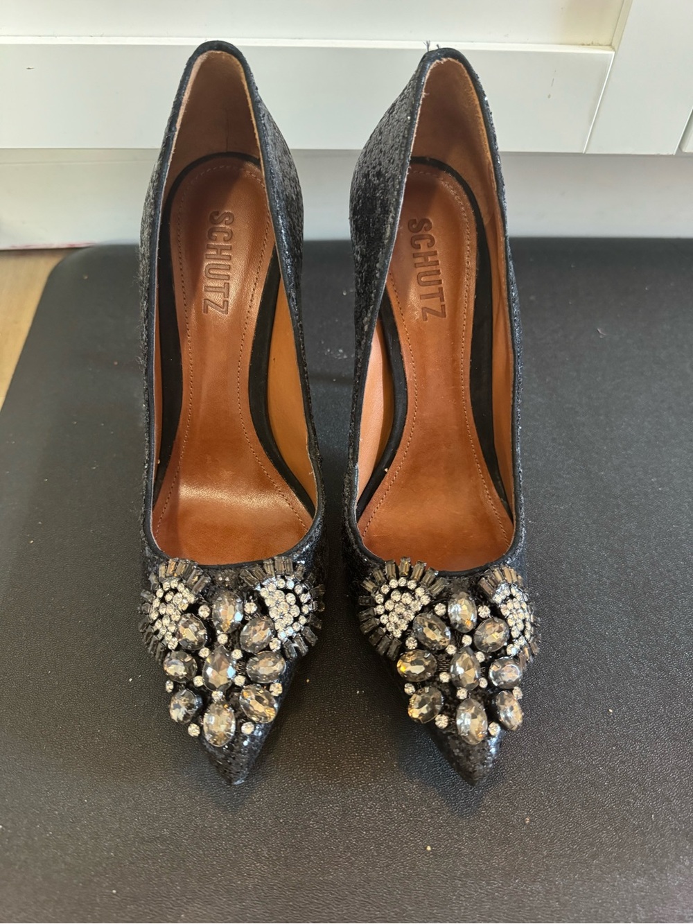 SCHUTZ Black Pointed Toe Pumps with Crystal Embellishment